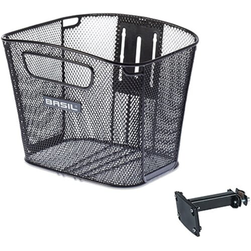 Basil Bold Front FM Bicycle basket in front including FM Stem Holder Black