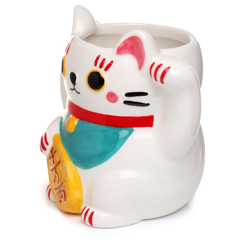 Mug en céramique en forme de chat porte-bonheur Maneki Neko blanc