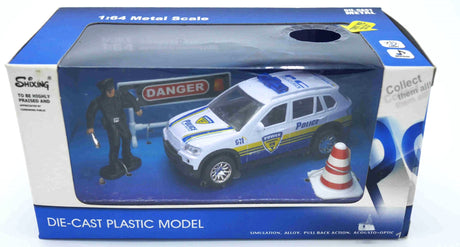 Jonotoys voiture de police moulée sous pression avec officier du son et panneaux