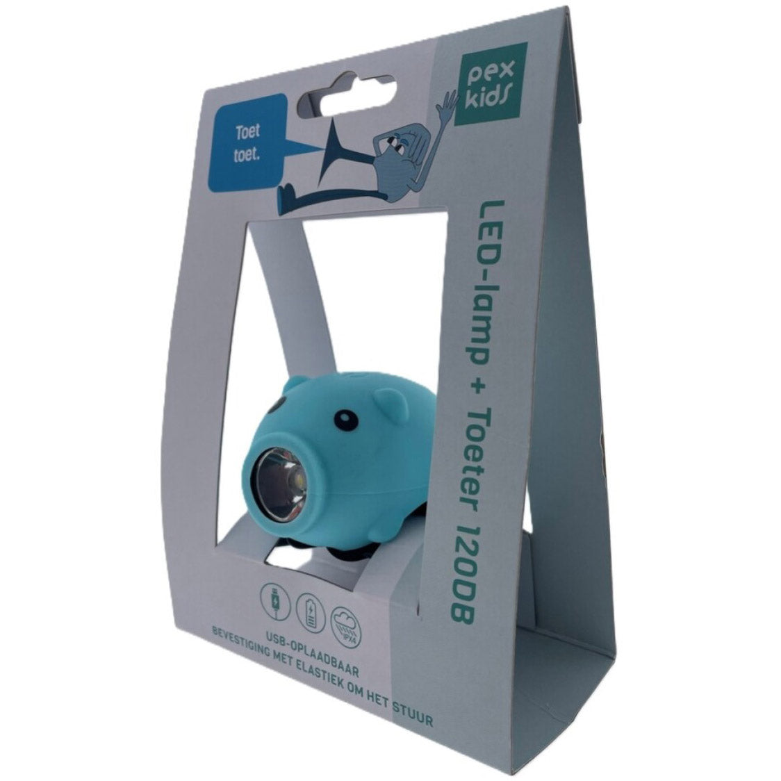 Pexkids klaxon de vélo cochon avec lampe LED USB bleu
