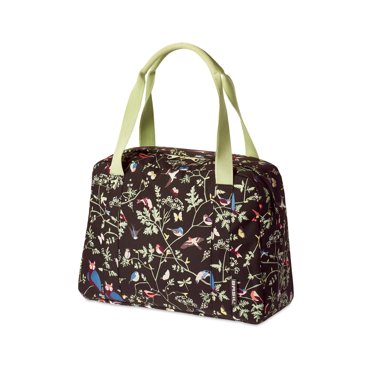 Basil Wanderlust transporte tout sac - sac à main à vélo noir avec imprimé d'oiseau coloré