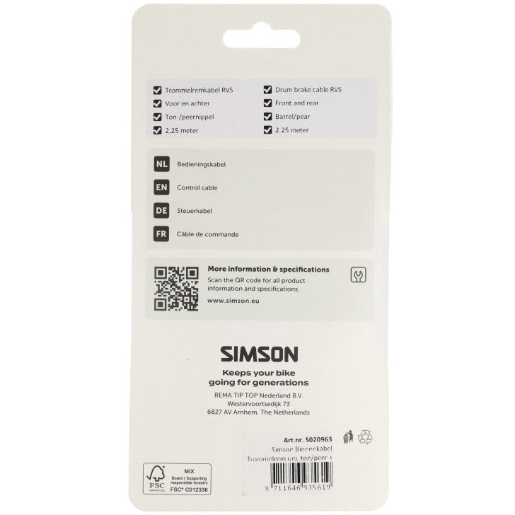 Simson câble intérieur de frein à tambour universel inox - argent