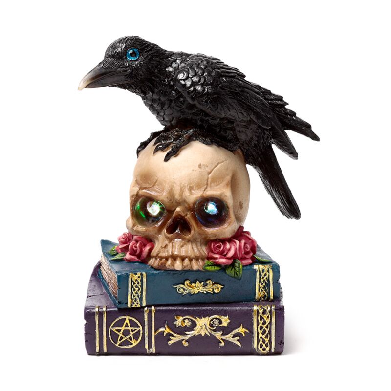 Corbeau perché sur des livres de crânes à LED