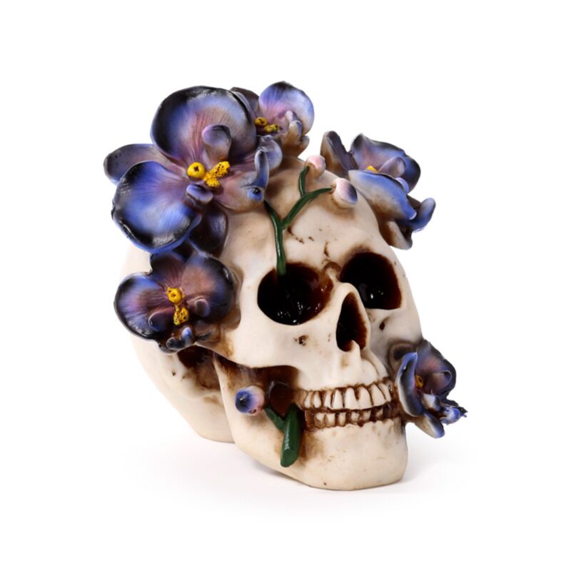 Crâne avec fleurs grimpantes violettes