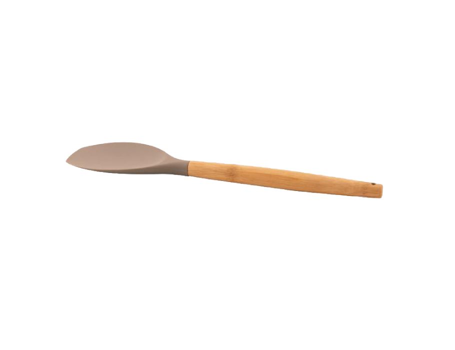 Grattoir à poêle pointe virgule - silicone - manche bambou - taupe