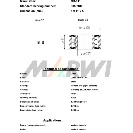Marwi Union Kogellager CB-011 685 2RS 5X11X5