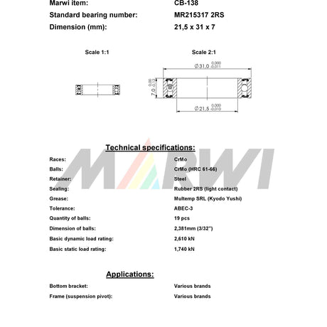 Roulement à billes Union CB-138 MR215317(21,5x31x7)