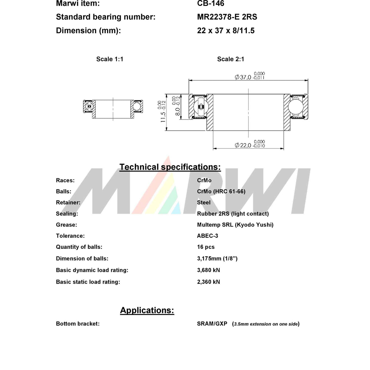 Roulement à billes Marwi CB-146 LLB MR22378-E 22x37x8 11� ext