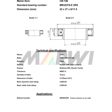 Roulement à billes Marwi CB-146 LLB MR22378-E 22x37x8 11� ext