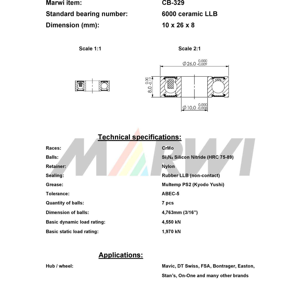 Union roulement à billes CB-329 6000 LLB 10x26x8 céramique