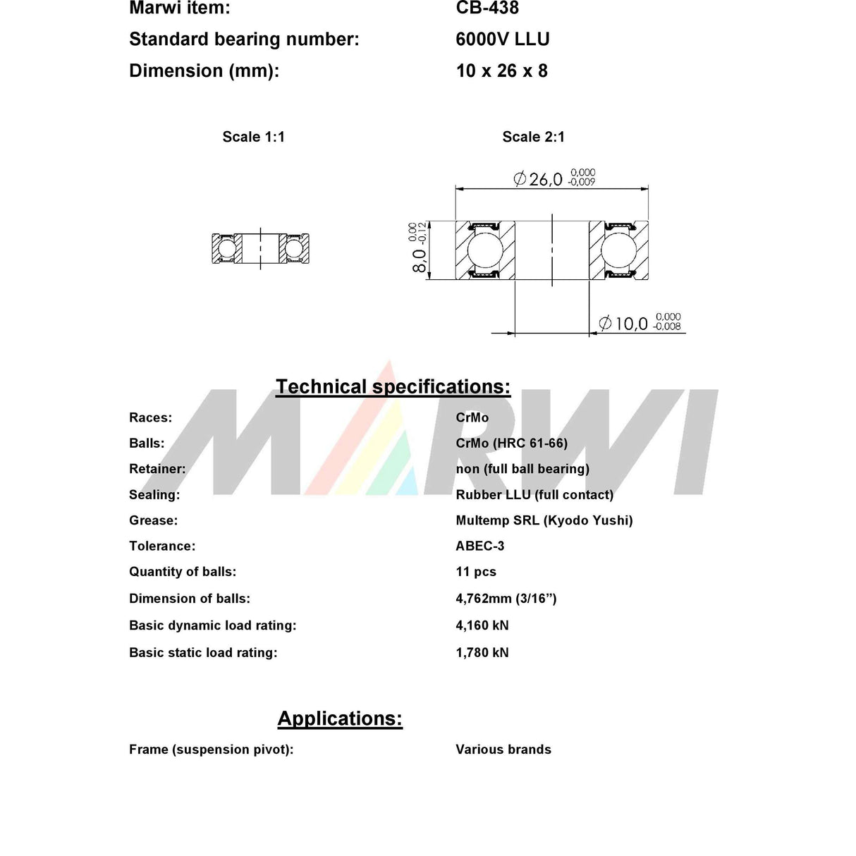 Marwi roulement à billes union max CB-438 6000V LLU 10x26x8