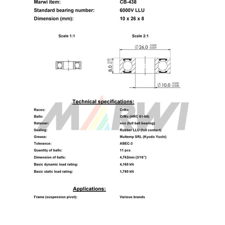 Marwi roulement à billes union max CB-438 6000V LLU 10x26x8