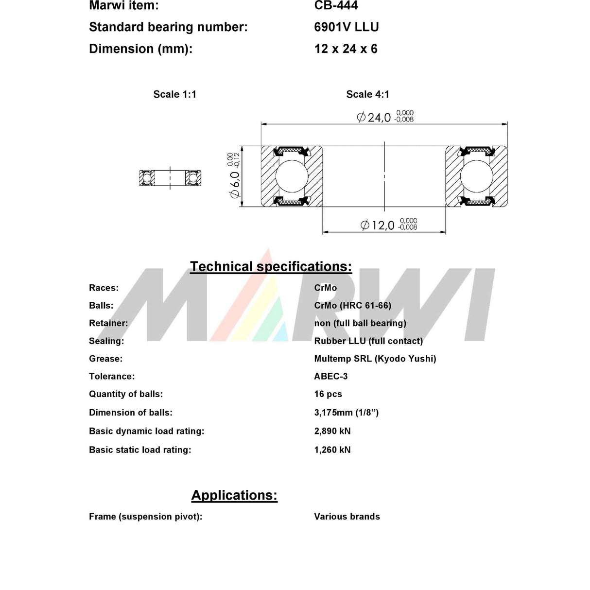 Roulement à billes union max CB-444 6901V LLU 12x24x6