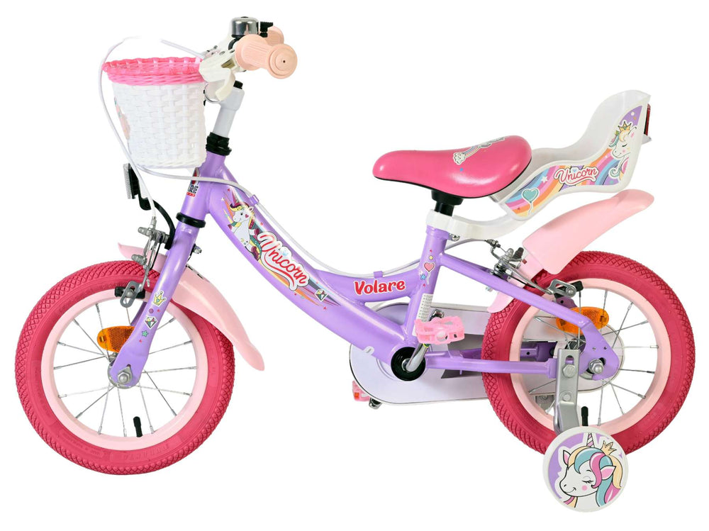 Vélo enfant Volare licorne - filles - 12 pouces - violet - deux freins à main