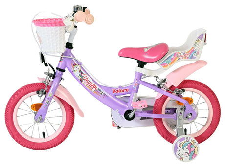 Vélo enfant Volare licorne - filles - 12 pouces - violet - deux freins à main