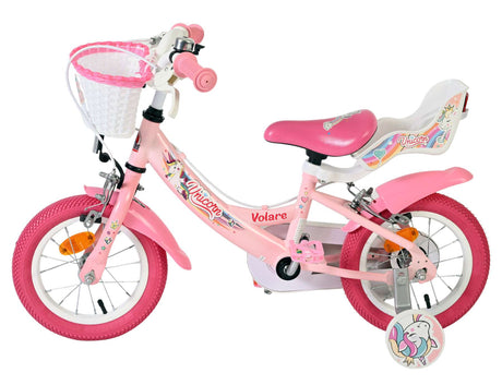 Vélo enfant Volare licorne - filles - 12 pouces - rose - deux freins à main