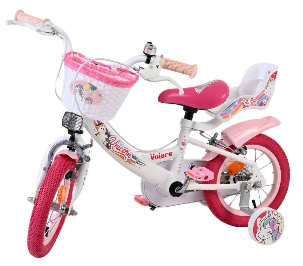 Vélo enfant Volare licorne - filles - 12 pouces - blanc - deux freins à main
