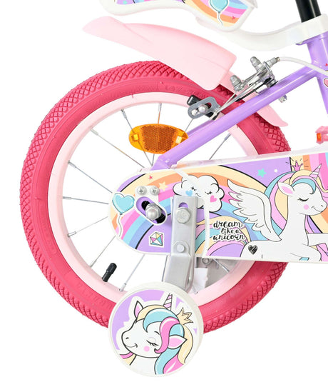 Vélo enfant licorne Volare - filles - 14 pouces - violet - deux freins à main