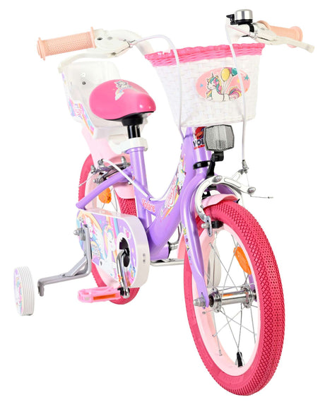 Vélo enfant licorne Volare - filles - 14 pouces - violet - deux freins à main