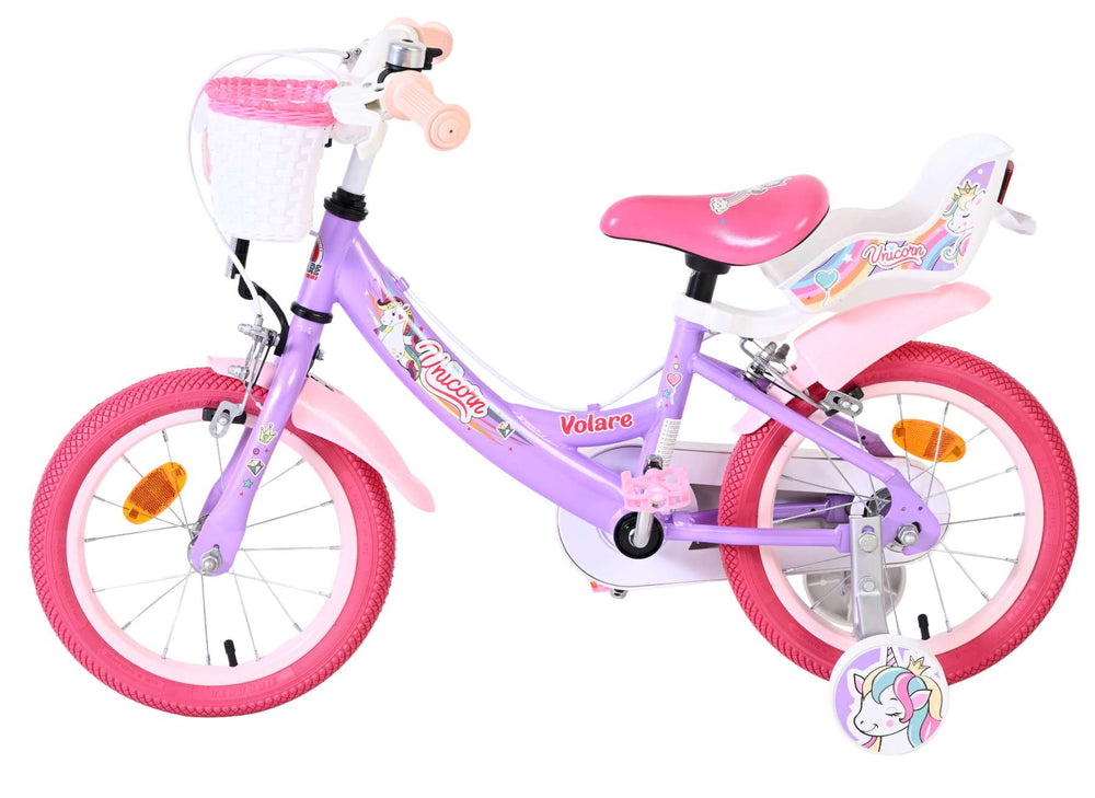 Vélo enfant licorne Volare - filles - 14 pouces - violet - deux freins à main