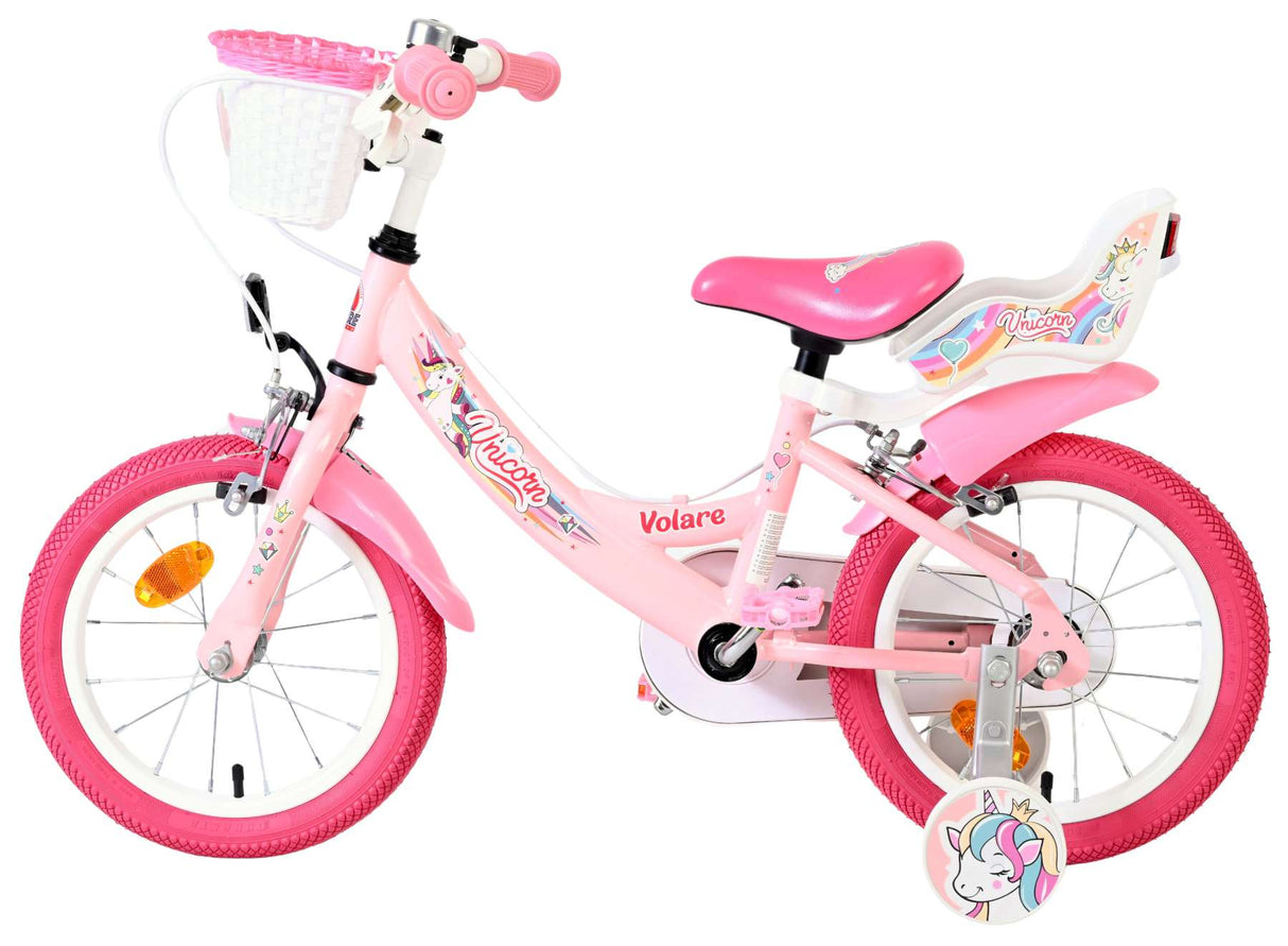 Vélo enfant Volare licorne - filles - 14 pouces - rose - deux freins à main