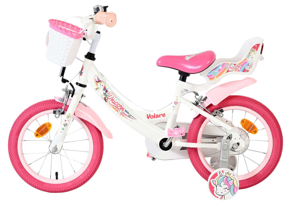 Vélo enfant Volare licorne - filles - 14 pouces - blanc - deux freins à main