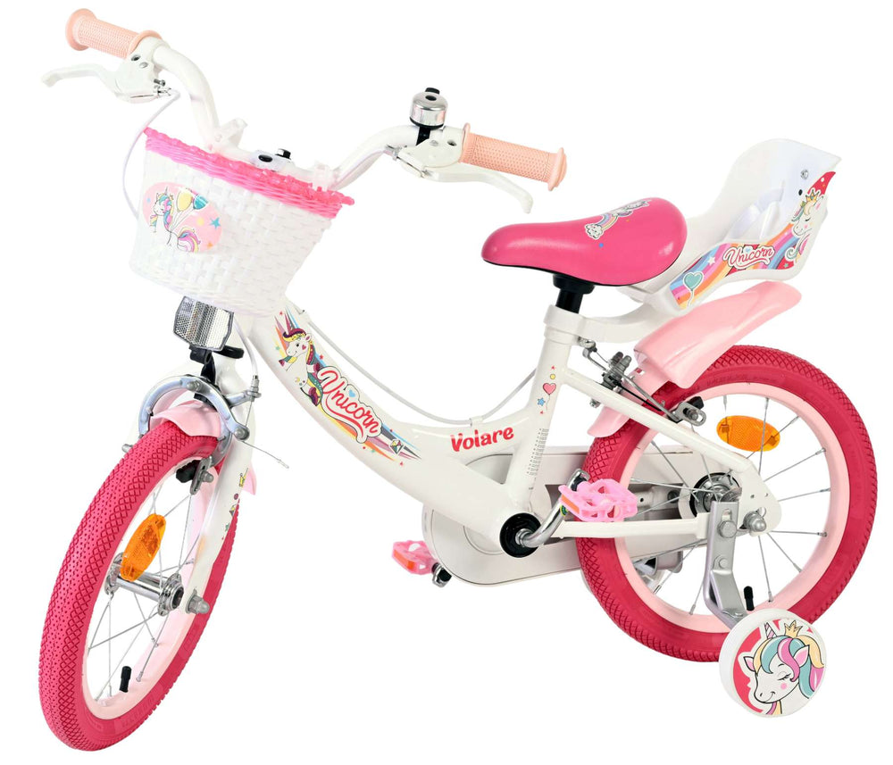 Vélo enfant Volare licorne - filles - 14 pouces - blanc - deux freins à main
