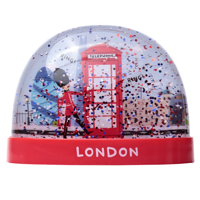 Cabine téléphonique rouge souvenir de Londres, boule à neige de la garde royale l