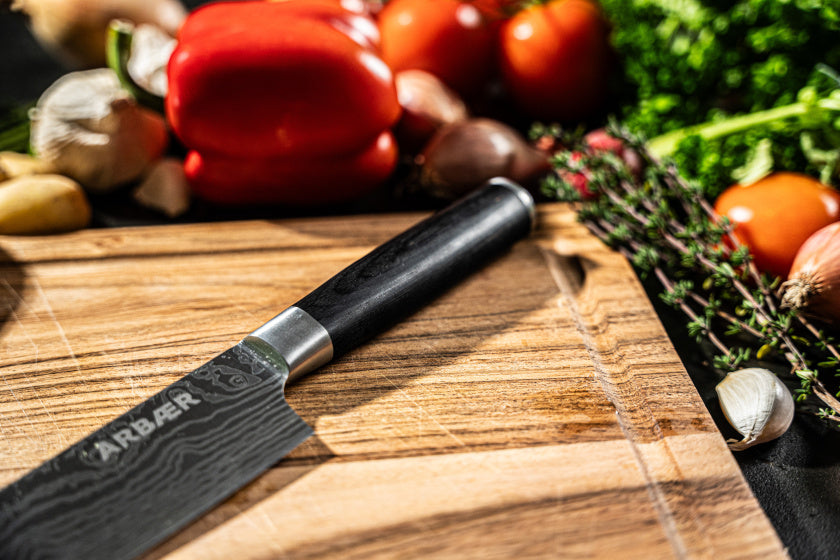 Couteau de chef Arbaer 20 cm manche en bois pakka imprimé damas japonais