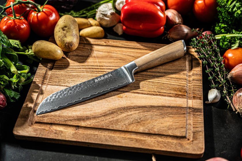 Arbaer santoku couteau de chef 18,5 cm acier damas manche bois d'olivier japonais
