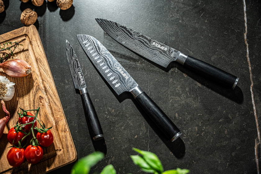 Ensemble de couteaux Arbaer 3 pièces, manche en bois pakka imprimé damas japonais