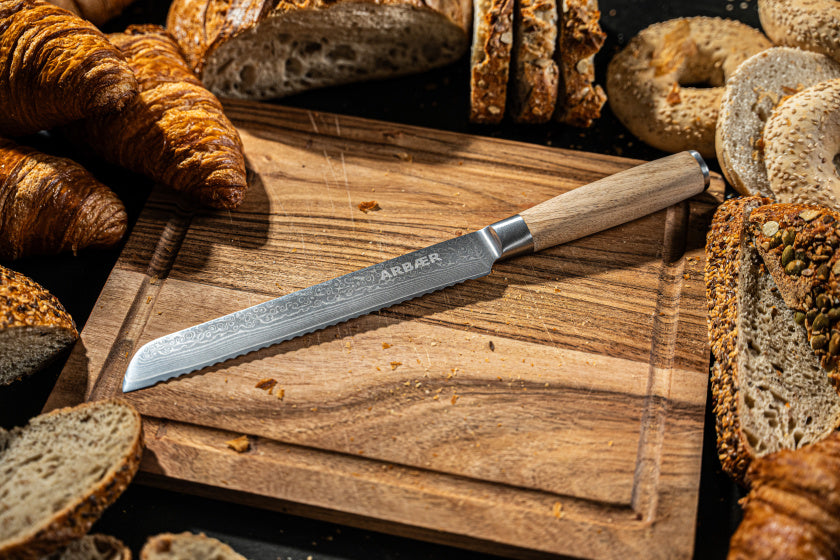 Coffret de couteaux Arbaer avec bloc magnétique, 6 pièces en acier damas, manches en bois d'olivier