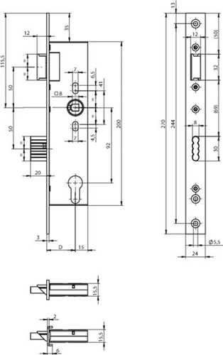 Serrure de porte Assa abloy n1500 | dm40mm | pièce 92mm | trou de manivelle 8mm | plaque frontale acier inoxydable 24x270mm rectangulaire | loquet en zamac nickelé | Dr 1+3 2+4 - 10049531
