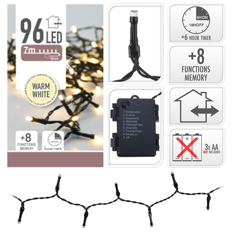 Lumières de Noël Home Style LED avec minuterie 96l 7mtr blanc chaud 3xaa (sans piles).