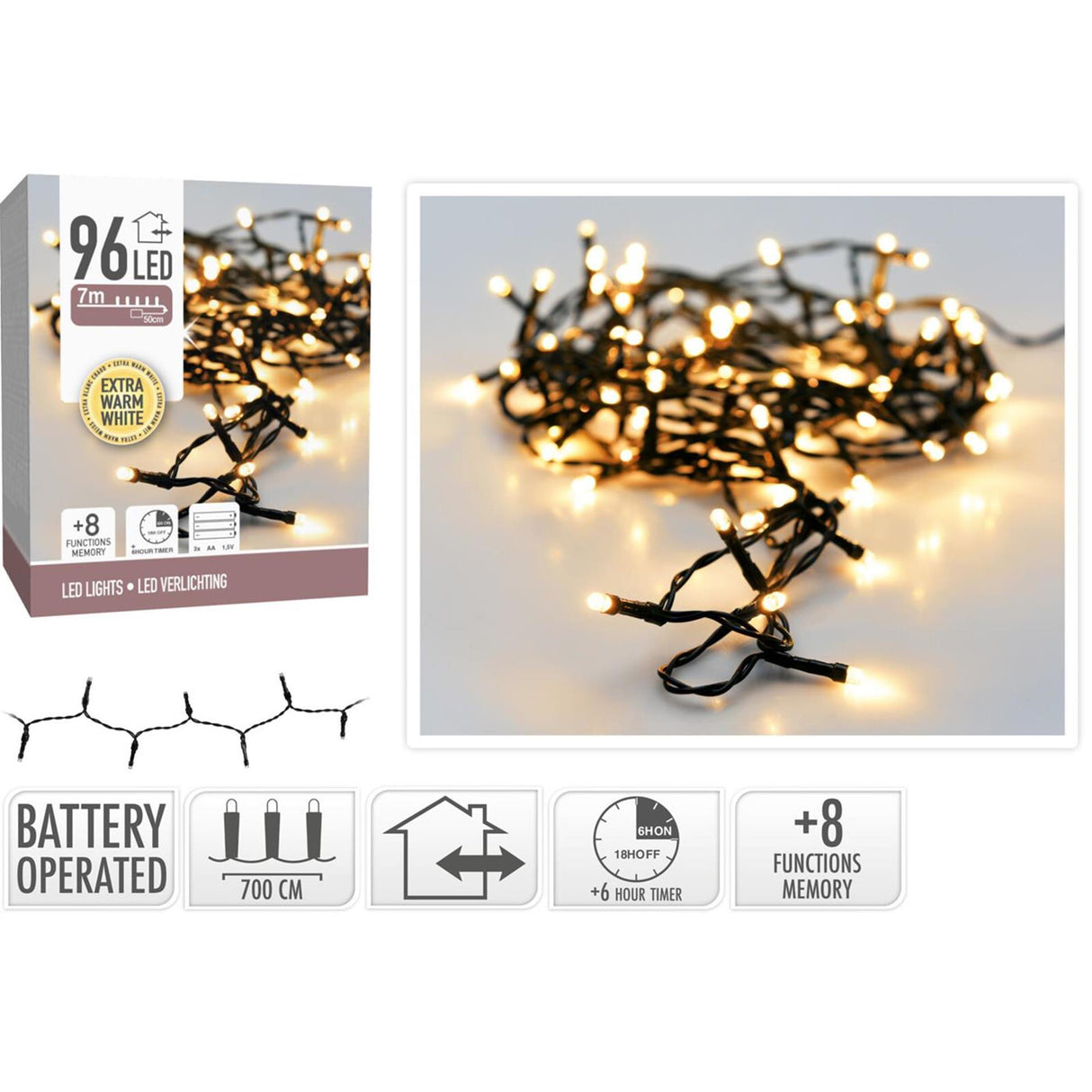 Lumières de Noël 96led batterie blanc chaud