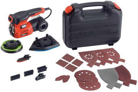 Ponceuse multifonction Black+decker ka280k 220w 4en1 | semelle de ponçage plate, de détail et excentrique | 4x points de profil | 1x doigt de ponçage | 14x feuilles abrasives | au cas où - ka280k-qs
