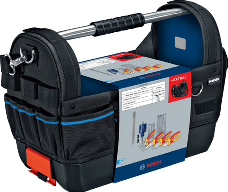Kit d'accessoires pour électricien Bosch avec jeu de pinces VDE, jeu de forets SDS-plus, burin, scie cloche 68 mm dans un sac à outils - 061599768f