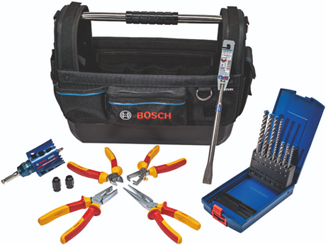 Kit d'accessoires pour électricien Bosch avec jeu de pinces VDE, jeu de forets SDS-plus, burin, scie cloche 68 mm dans un sac à outils - 061599768f