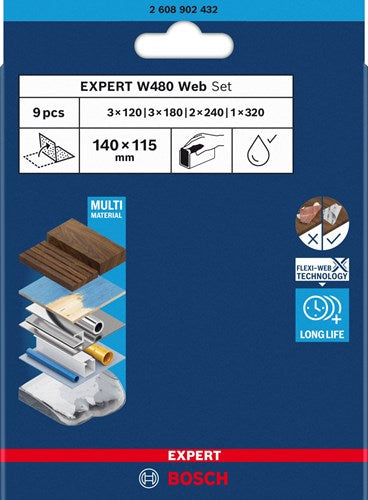 Bosch accessoires expert jeu de 9 pièces feuille abrasive web w480 115 x 140 mm, 3x g120 ; 3x g180, 2x g240 ; 1x g320 (en ligne) - 2608902432