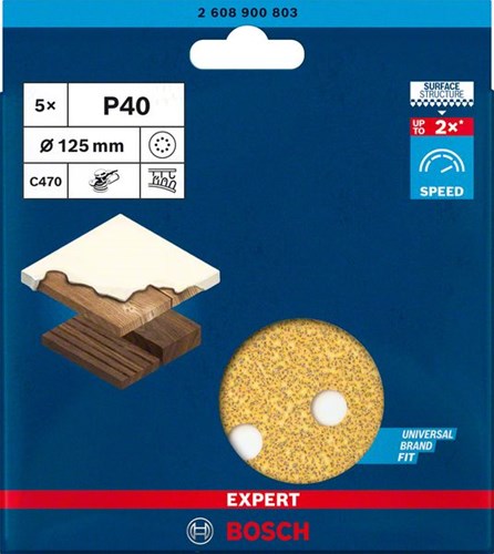 Bosch accessoires papier abrasif expert c470 pour ponceuses excentriques 125 mm, 8 trous, k40 5 pièces - 2608900803