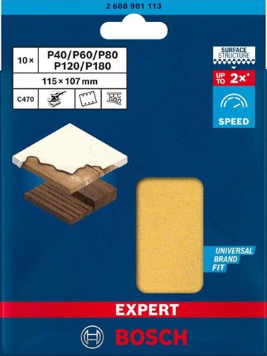 Bosch accessoires papier abrasif expert c470 pour ponceuses orbitales 115 x 140 mm, k2x40 2x60 2x80 2x120 2x180 10 pièces - 2608901113