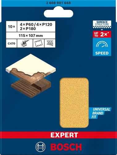 Bosch accessoires expert c470 jeu de papier de verre 115 x 107 mm, k 60 120 180, 10 pièces - 2608901668