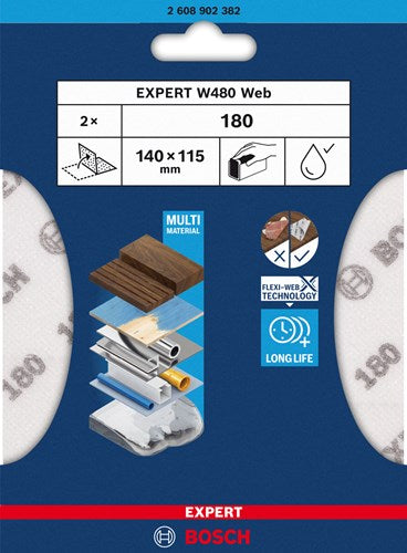 Bosch accessoires expert feuille abrasive web w480 115 x 140 mm, g180, 2x - 2608902382