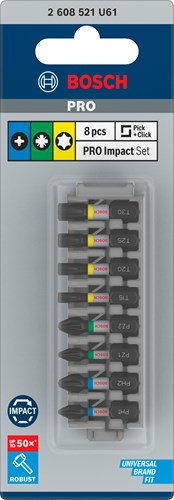 Bosch accessoires pro impact schroefbitset | ph1; ph2; pz1; pz2; t15; t20; t25; t30 | 25 mm | 8-delig - 2608521u61