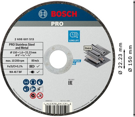 Bosch accessoires pro disque à tronçonner en acier inoxydable et à liant métallique | 150 x 1,6 x 22,23 mm | droit - 2608601513