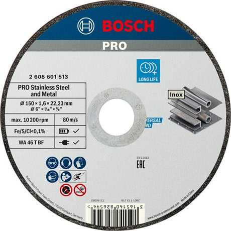 Bosch accessoires pro disque à tronçonner en acier inoxydable et à liant métallique | 150 x 1,6 x 22,23 mm | droit - 2608601513