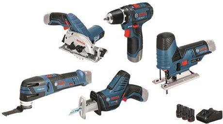 Bosch bleu 5 boîte à outils gsr 12v-15 + gst 12v-70 + gop 12v-28 + gks 12v-26 + gsa 12v-14 - 0615a0017c