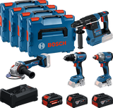Boîte à outils à batterie bleue Bosch 4-boîte à outils 18v | gsr 18v-65 + gdx 18v-285 + gbh 18v-26 + gws 18v-11 | + 2x gba 18v 5,0ah + 1x exba 18v 5,5ah + chargeur - 0615a500bj