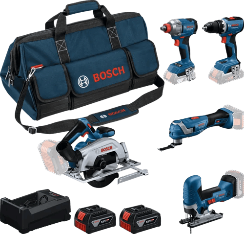 Boîte à outils pour batterie bleue Bosch 5-boîte à outils 18v | gsr 18v-65 + gdx 18v-285 + gks 18v-57-2 + gop 18v-34 + gst 18v-125 s | y compris 2x gba 18v 5.0ah + chargeur - 0615a500bv