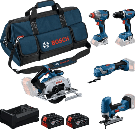 Boîte à outils pour batterie bleue Bosch 5-boîte à outils 18v | gsr 18v-65 + gdx 18v-285 + gks 18v-57-2 + gop 18v-34 + gst 18v-125 s | y compris 2x gba 18v 5.0ah + chargeur - 0615a500bv